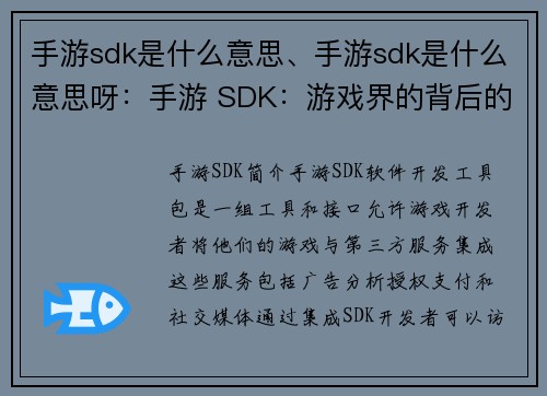 手游sdk是什么意思、手游sdk是什么意思呀：手游 SDK：游戏界的背后的力量”