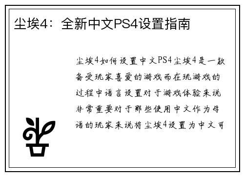 尘埃4：全新中文PS4设置指南